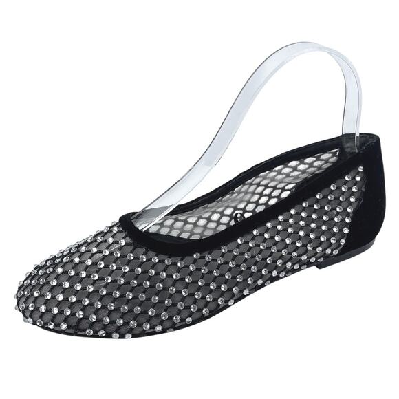 Zara Women's Black Mesh Jeweled Rhinestone Round Toe Slip On Ballet Flats Sz 6.5 - Picture 1 of 6